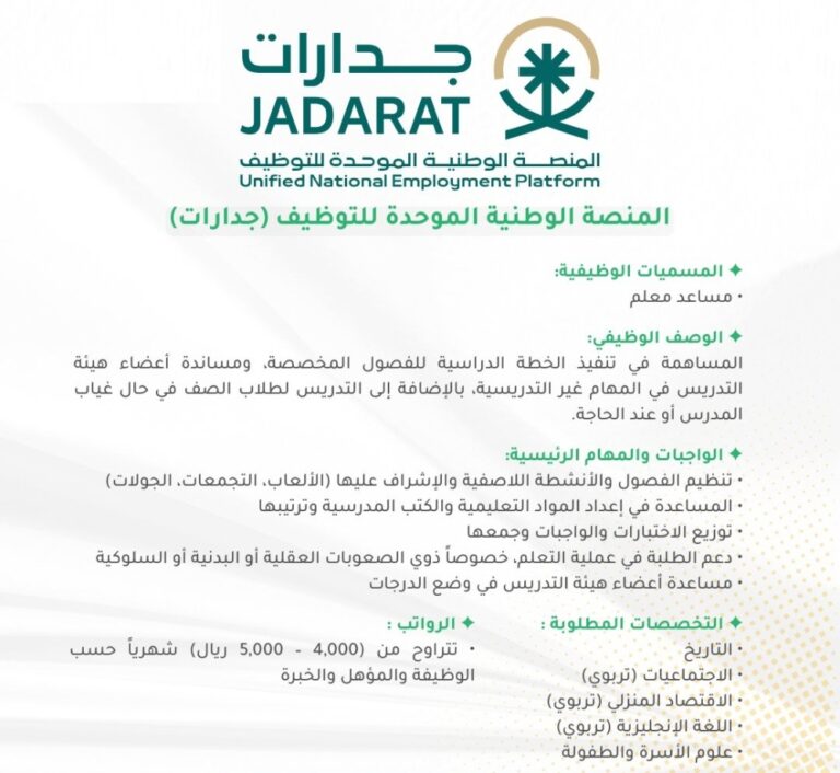 وظائف-شاغرة-بمسمى-مساعد-معلم-عبر-“جدارات”.-الراتب-والمزايا
