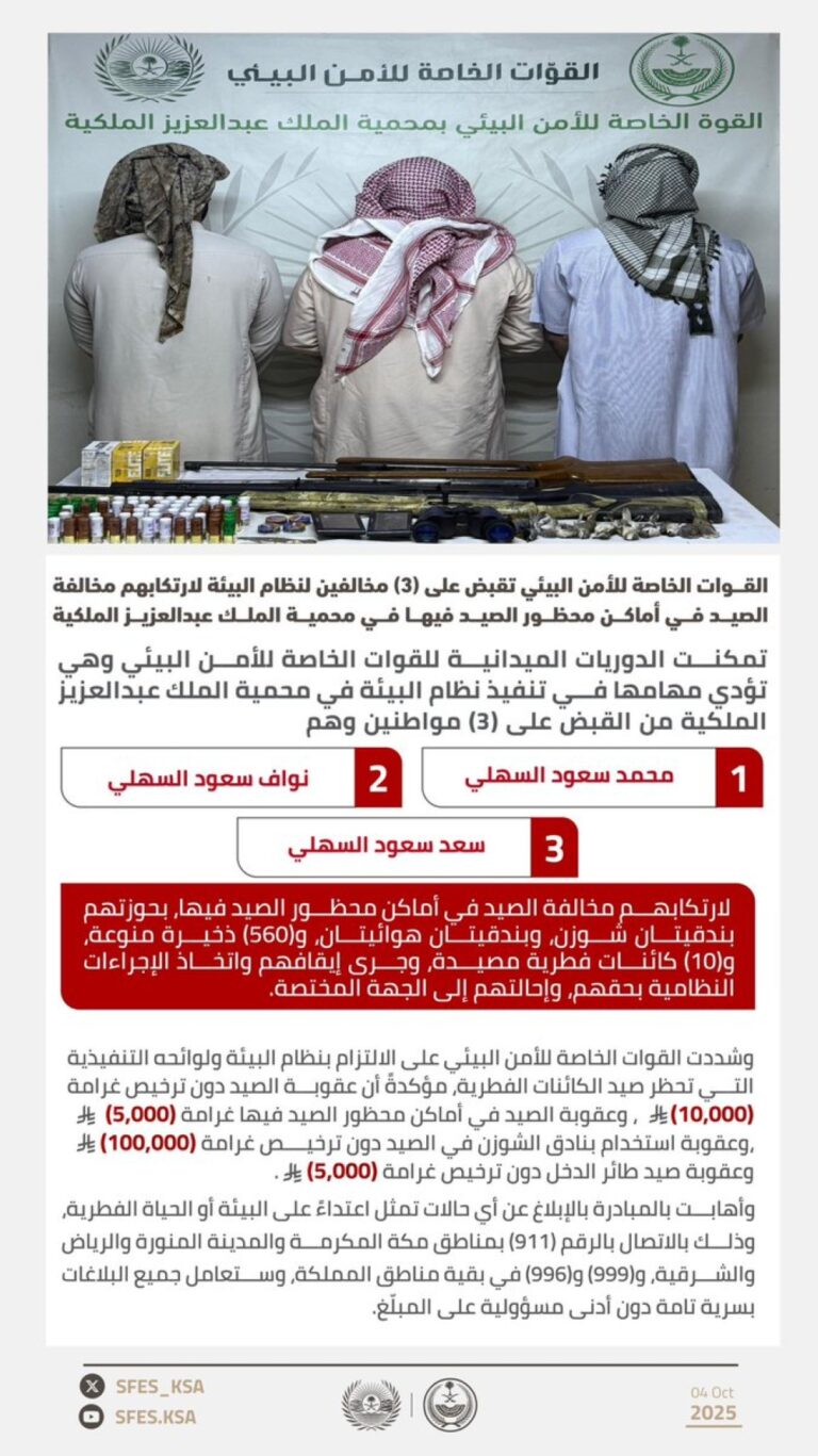 عاجل:-بالأسماء.-ضبط-3-مواطنين-بحوزتهم-828-ذخيرة-و67-كائنًا-مصيدًا