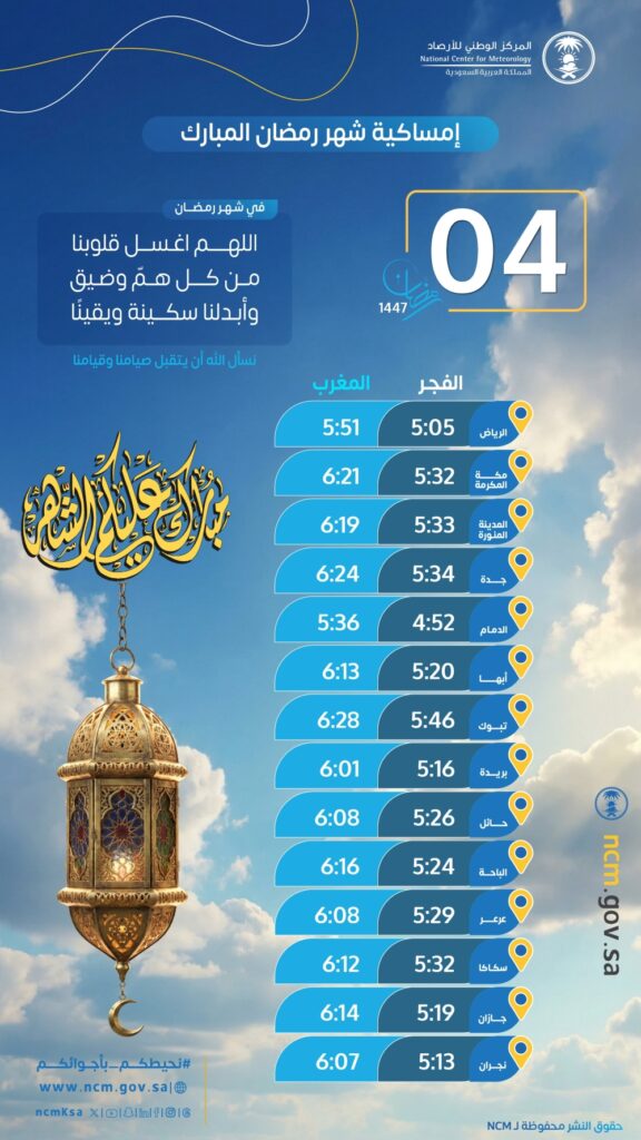 رمضان في السعودية: توقيت الإمساك والإفطار ليوم الرابع. 9 مواعيد-الإمساك-والإفطار-اليوم-4 رمضان-في-السعودية
