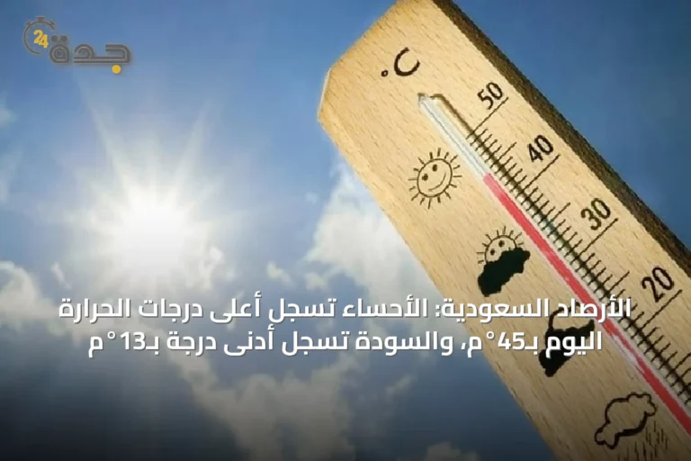 الأرصاد السعودية: الأحساء تسجل أعلى درجات الحرارة اليوم بـ45°م، والسودة تسجل أدنى درجة بـ13°م