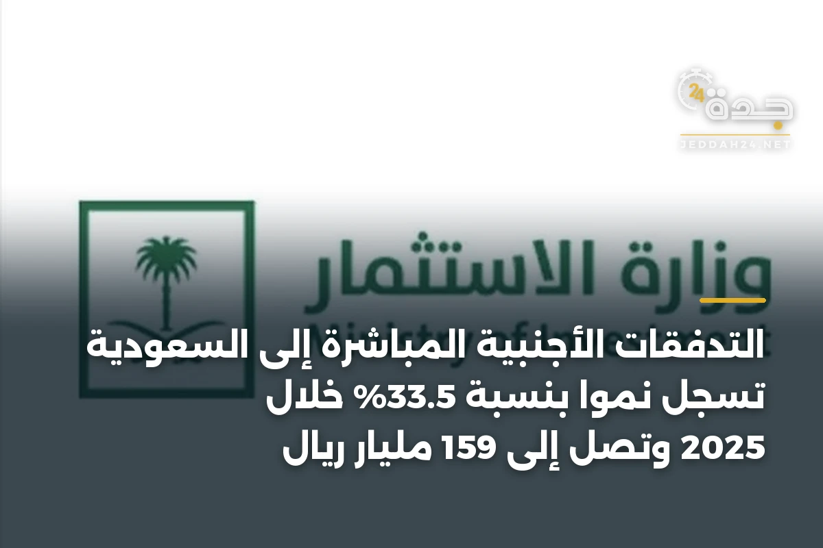 التدفقات الأجنبية المباشرة إلى السعودية تسجل نمواً بنسبة 33.5% خلال 2025 وتصل إلى 159 مليار ريال 1 التدفقات الأجنبية المباشرة إلى السعودية تسجل نمواً بنسبة 33.5% خلال 2025 وتصل إلى 159 مليار ريال