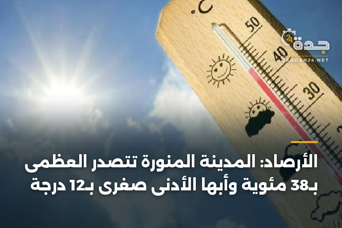 الأرصاد: المدينة المنورة تتصدر العظمى بـ38 مئوية وأبها الأدنى صغرى بـ12 درجة