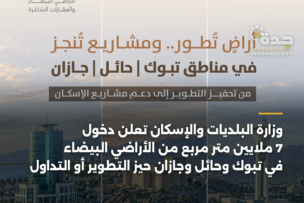 وزارة البلديات والإسكان تعلن دخول 7 ملايين متر مربع من الأراضي البيضاء في تبوك وحائل وجازان حيز التطوير أو التداول 1 وزارة البلديات والإسكان تعلن دخول 7 ملايين متر مربع من الأراضي البيضاء في تبوك وحائل وجازان حيز التطوير أو التداول