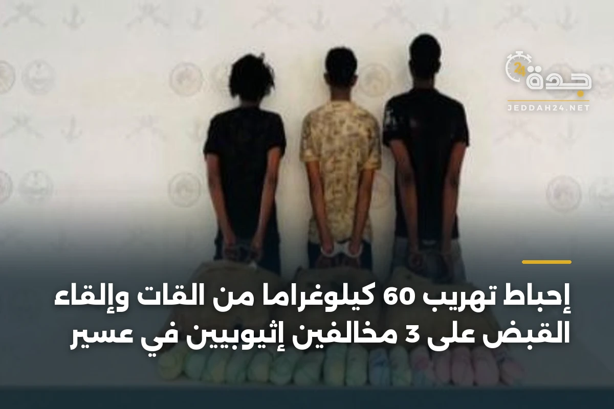 إحباط تهريب 60 كيلوغراماً من القات وإلقاء القبض على 3 مخالفين إثيوبيين في عسير 1 إحباط تهريب 60 كيلوغراماً من القات وإلقاء القبض على 3 مخالفين إثيوبيين في عسير